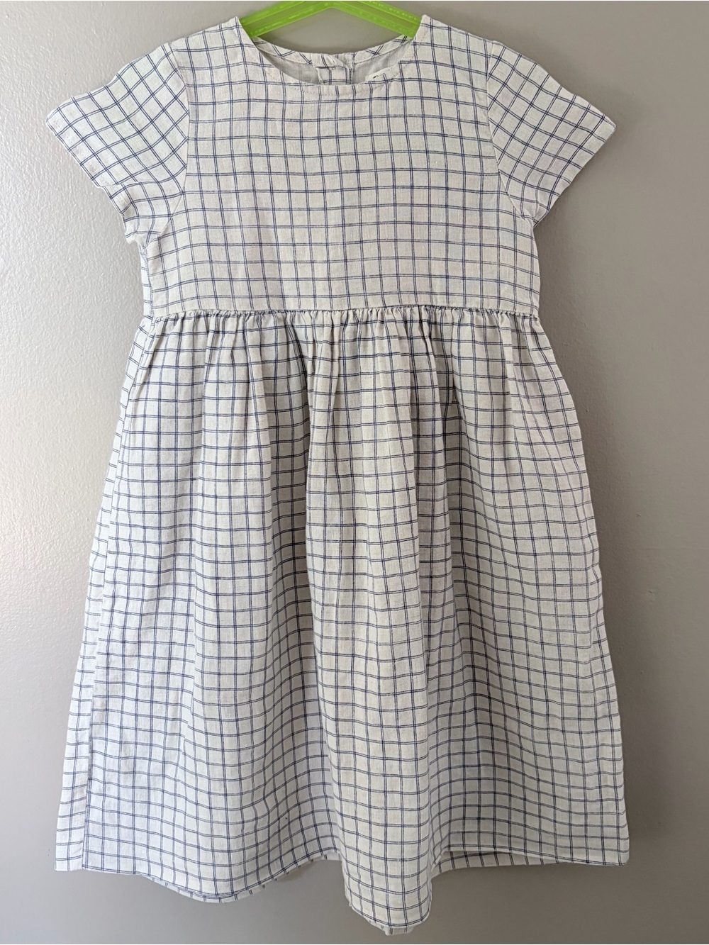 Oeuf NYC 100% Linen Blue White Grid Windowpane Plaid Button Back Dress Size 8Y